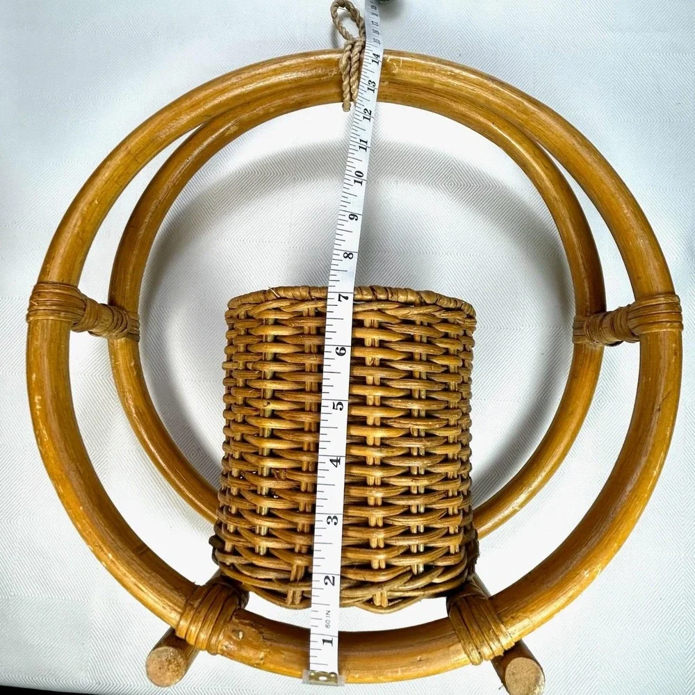 VTG Bent Bamboo Rattan Wood Hanging Basket Hoop Planter MCM/Boho 14